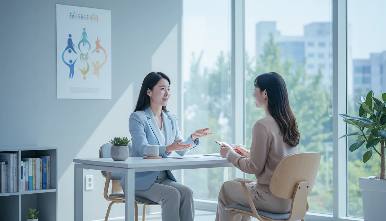 민간 고용평등상담실에서 전문 상담사가 직장 내 성희롱 피해자와 상담하는 모습