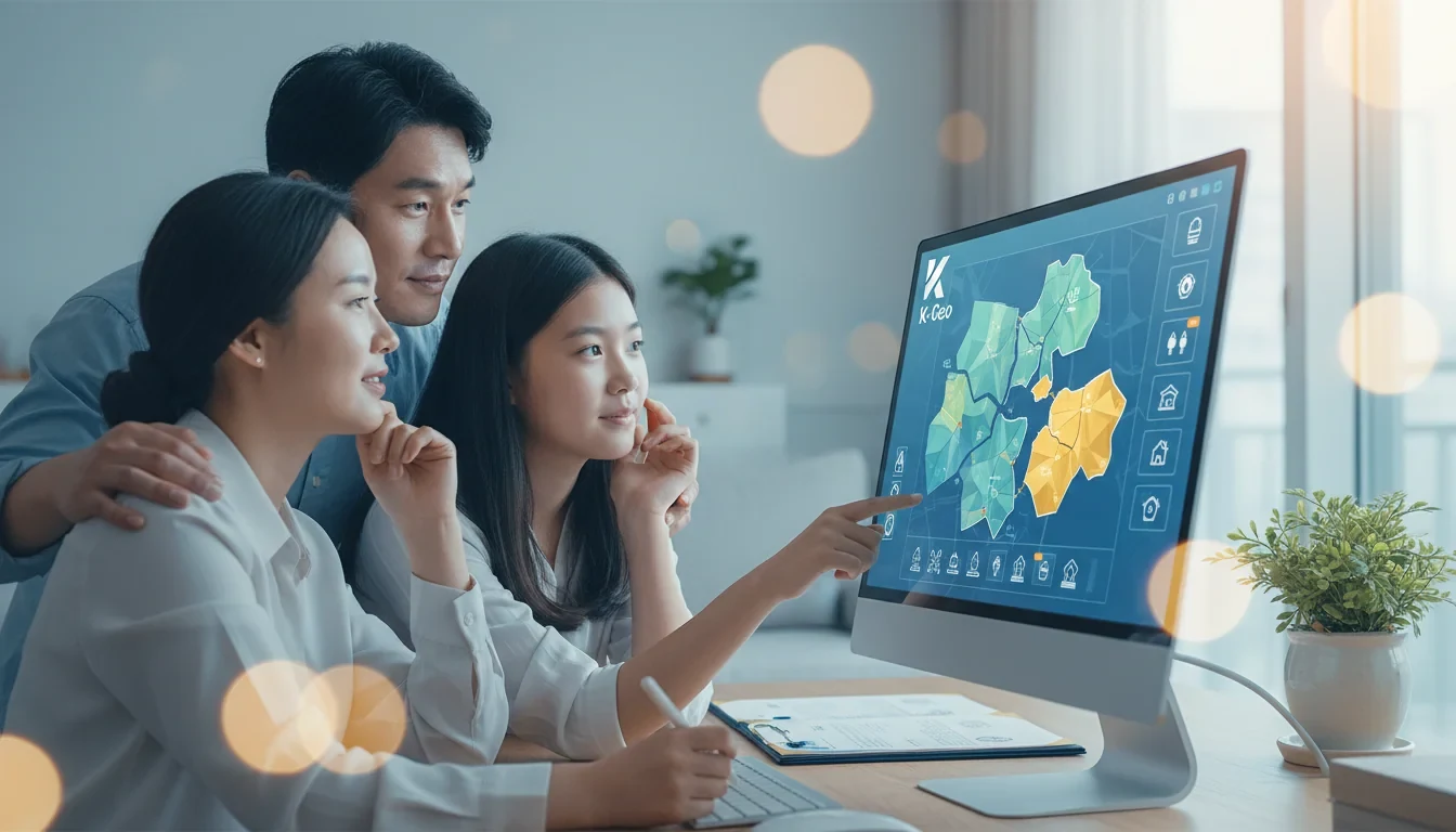 K-Geo 플랫폼 화면에서 조상땅 찾기 서비스를 신청하는 모습과 토지 조회 결과가 표시된 장면