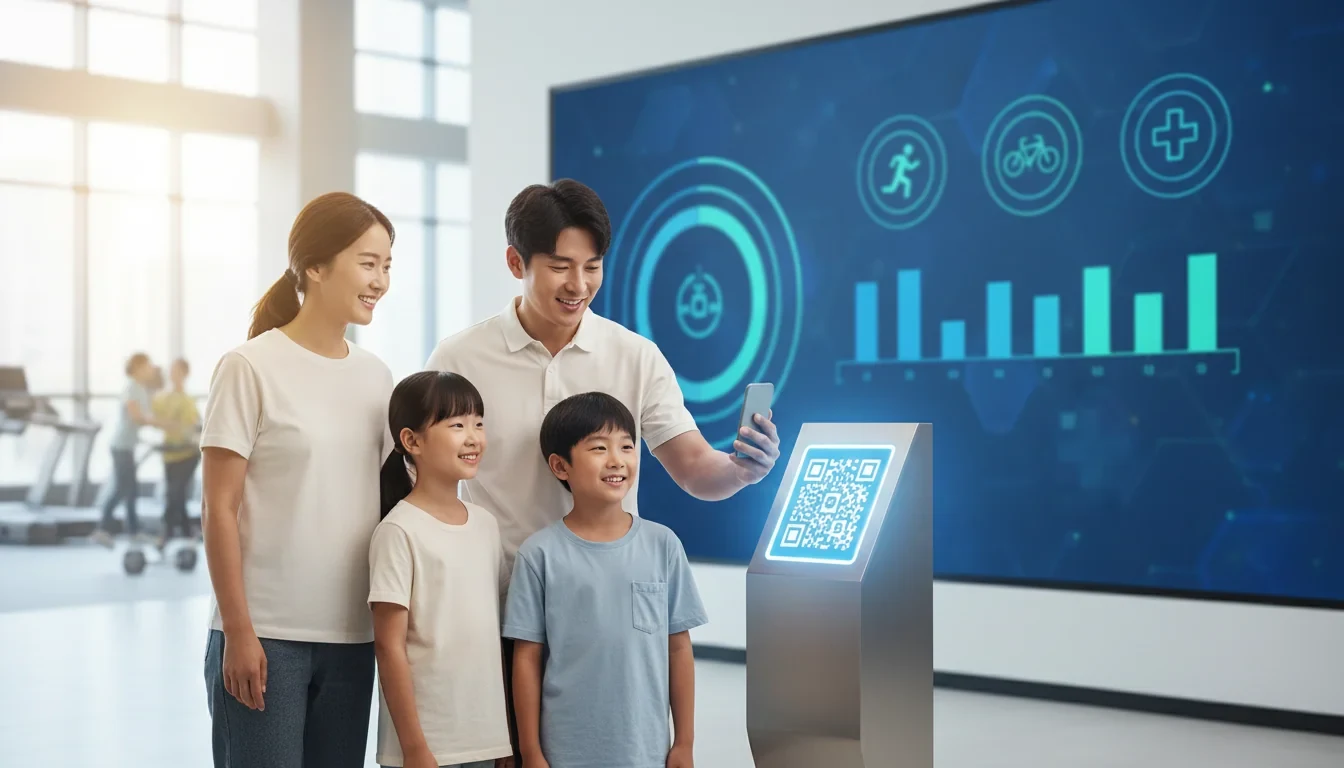체육관에서 QR코드를 스캔하며 튼튼머니 포인트를 적립하는 가족의 모습