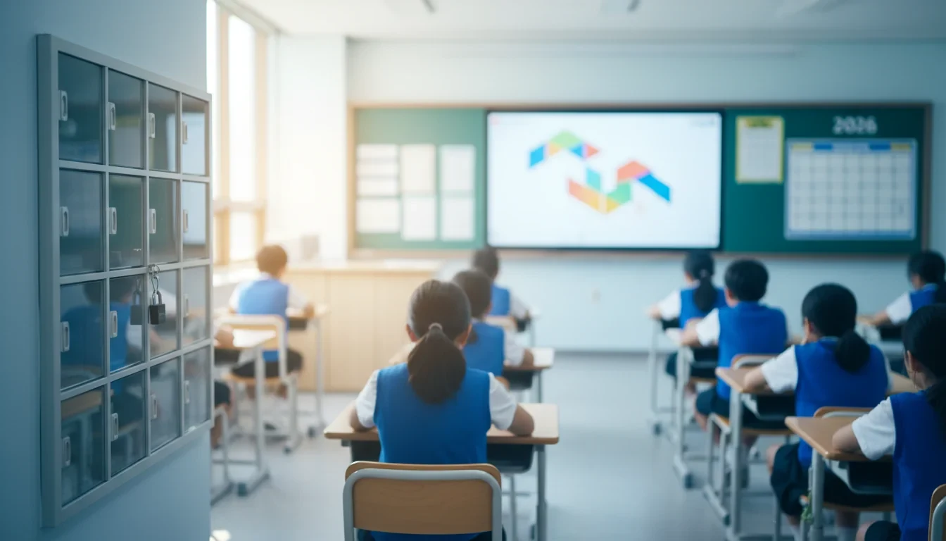 교실 앞 잠금 보관함에 스마트폰이 수납되어 있고 학생들이 칠판을 바라보며 수업에 집중하는 장면