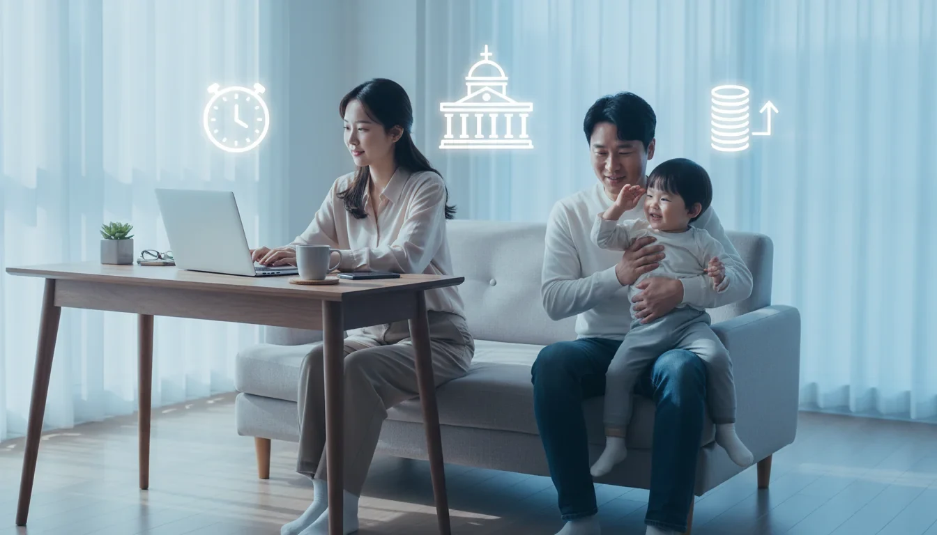 육아휴직 급여를 신청하는 부모가 아이와 함께 고용24 온라인 시스템을 이용하는 모습