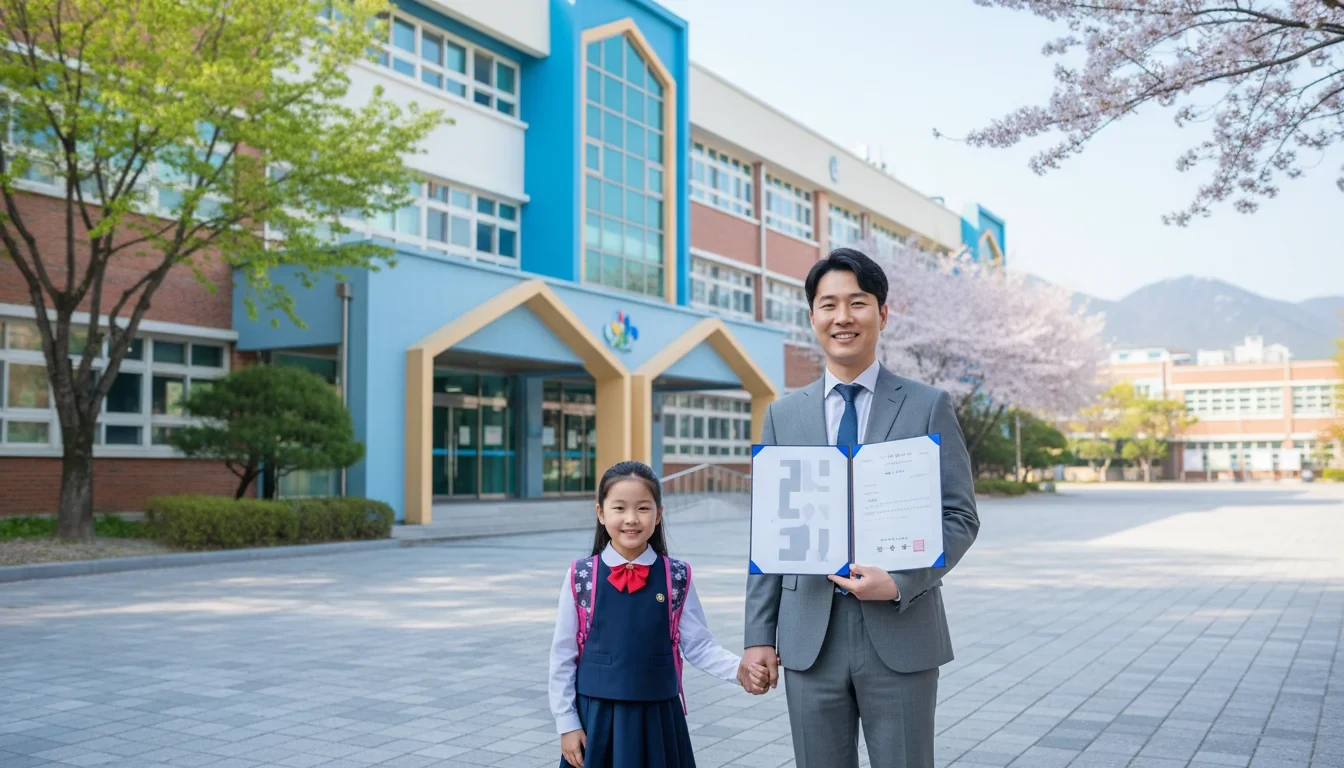 외국인 아동이 한국 학교에서 공부하는 모습 옆에 부모가 함께 체류할 수 있음을 상징하는 가족 이미지