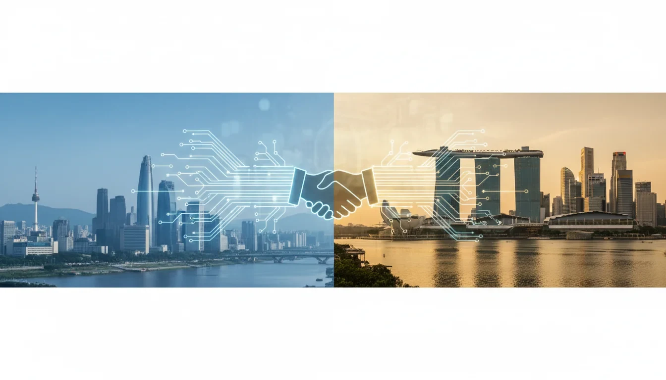 한국과 싱가포르 국기를 배경으로 AI 회로 패턴과 악수하는 두 손이 겹쳐진 글로벌 협력 장면