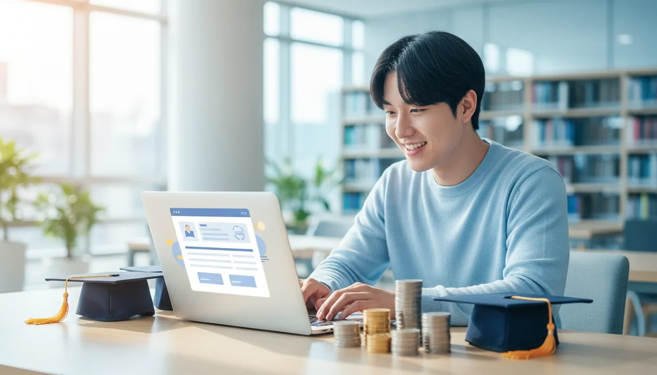 대학생이 한국장학재단 누리집에서 국가장학금 2차 신청서를 작성하는 모습
