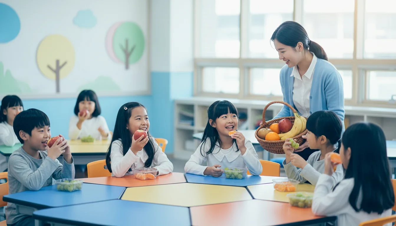 초등학교 교실에서 어린이들이 국산 과일간식을 받아 먹고 있는 모습