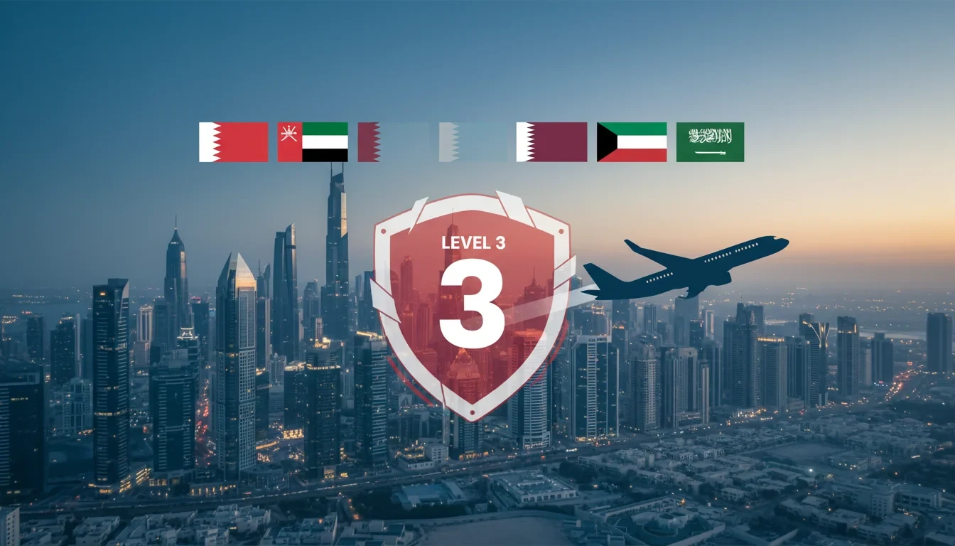 중동 7개국 지도 위에 3단계 철수권고 여행경보 표시와 공항에서 귀국 준비하는 한국 국민들의 모습