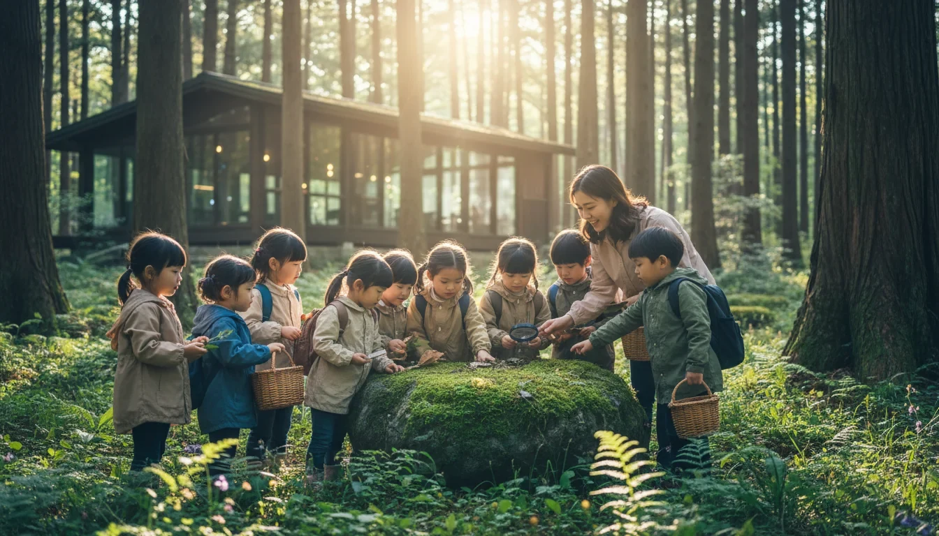 숲속 체험원에서 유아들이 자연 관찰 활동을 하고 있는 모습
