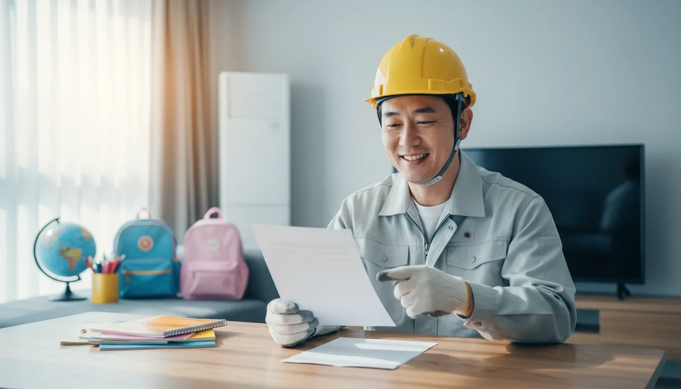 건설근로자가 자녀와 함께 교육비 지원금 신청서를 확인하는 모습