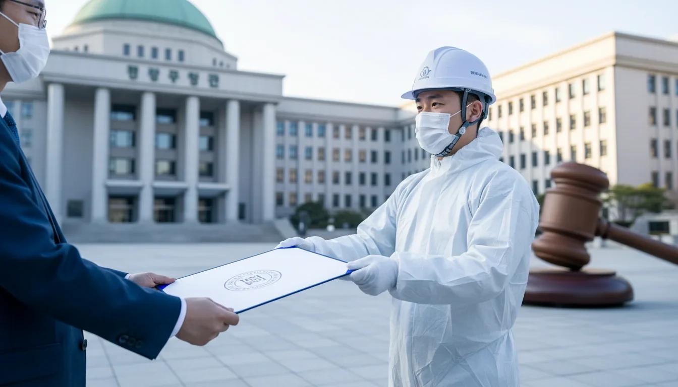법원 판결문 위에 산재 승인 도장이 찍히고 재해노동자가 보상금을 받는 장면