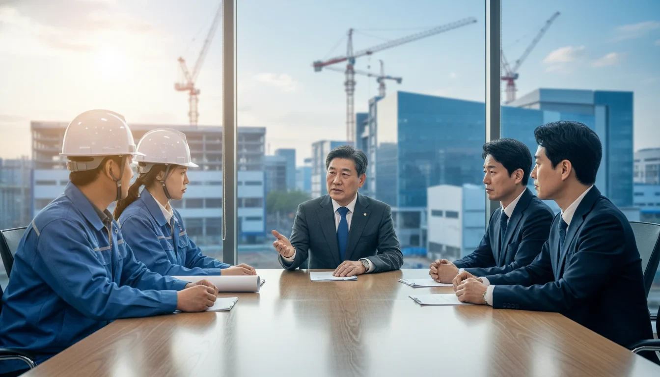 원청 사업장 앞에서 하청 노동조합 대표가 단체교섭 요구서를 전달하는 장면
