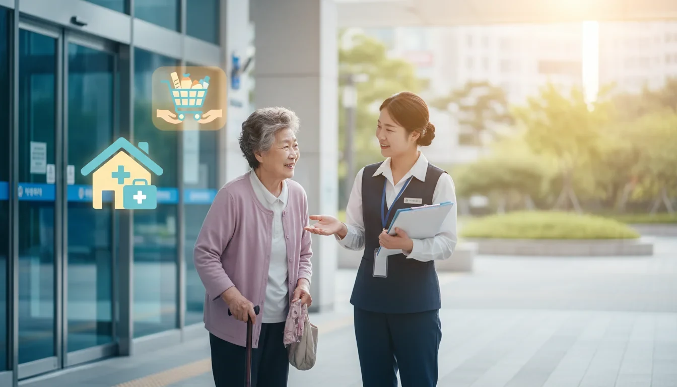 병원에서 퇴원하는 어르신에게 지역사회 돌봄 담당자가 방문진료와 가사지원 서비스를 안내하는 모습