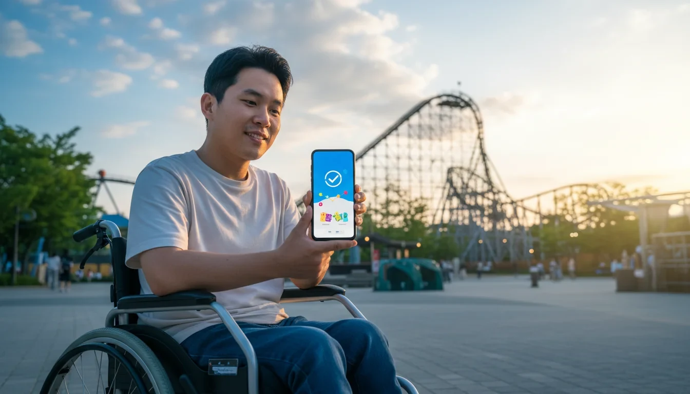 장애인이 스마트폰으로 에버랜드 할인 이용권을 온라인 예매하는 모습과 디지털서비스플랫폼 인증 화면