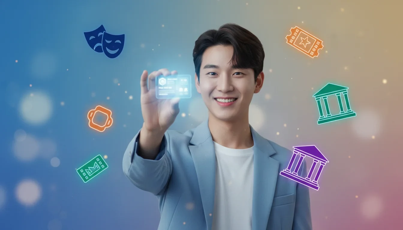 스마트폰으로 청년 문화예술패스를 신청하는 청년이 공연장과 영화관 티켓을 손에 들고 있는 모습