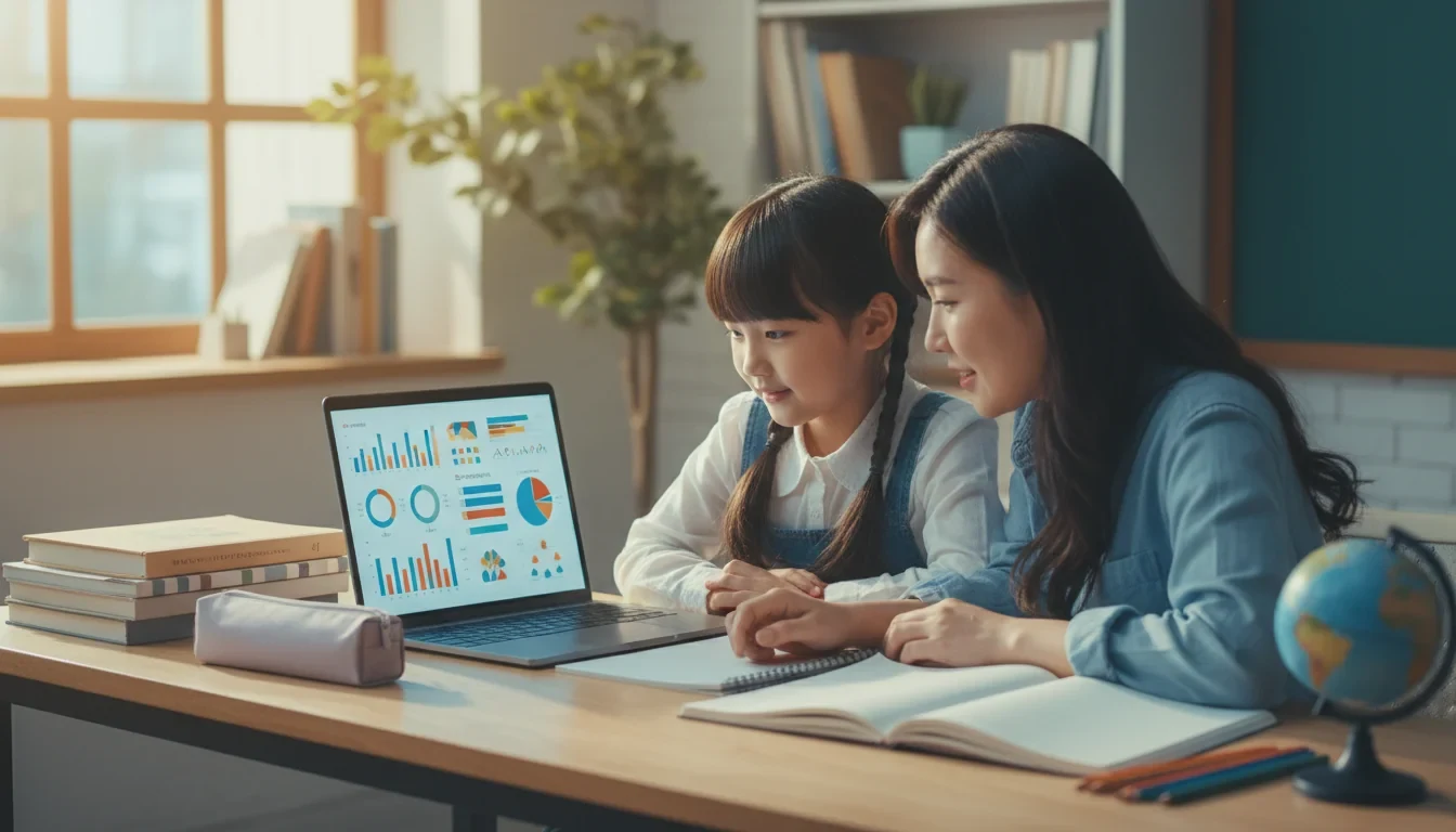 학부모가 자녀와 함께 국가기초학력지원포털 화면을 보며 진단 결과와 맞춤형 학습자료를 확인하는 모습