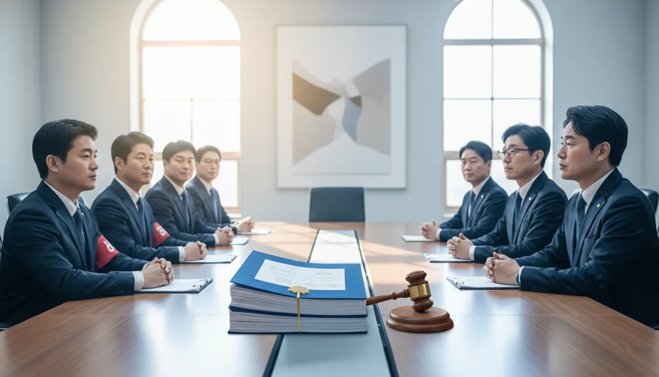 원청과 하청 노동자 대표가 단체교섭 테이블에 마주 앉아 개정 노동조합법 문서를 놓고 협의하는 장면