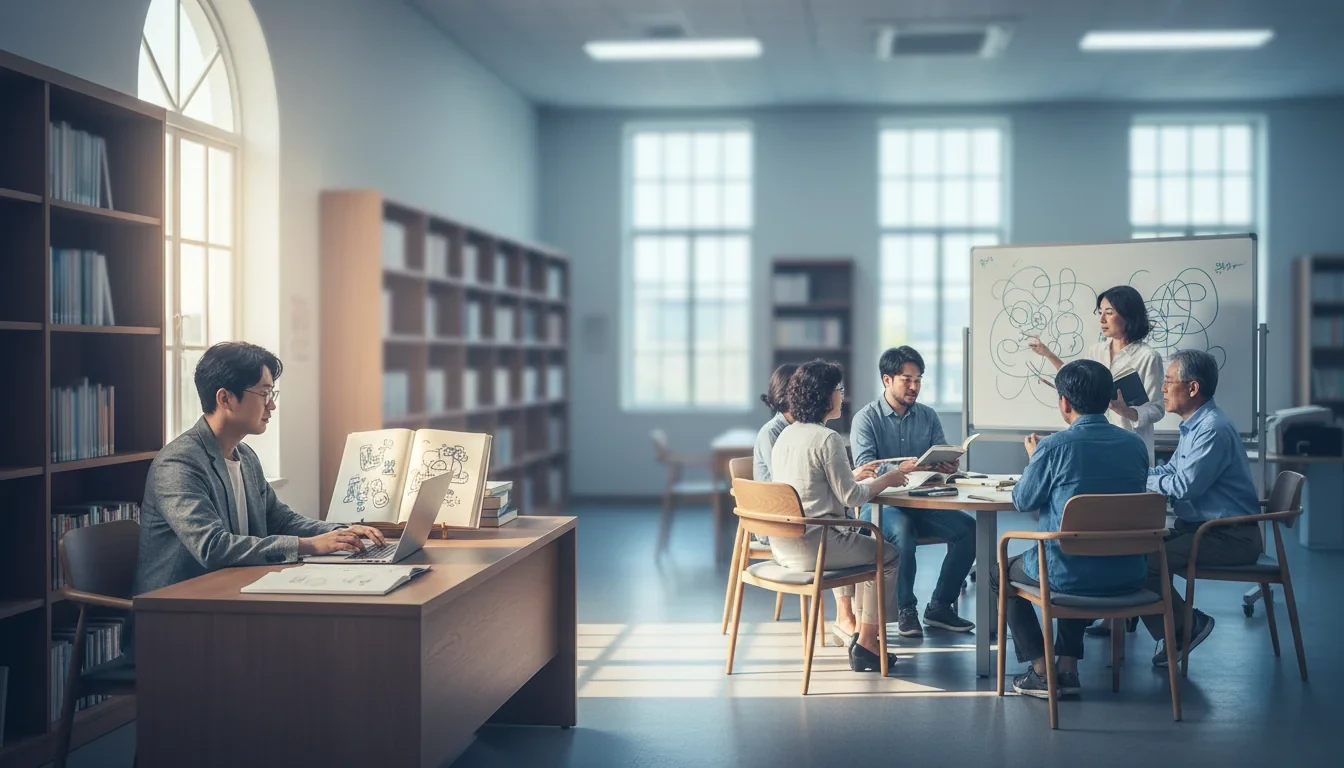 도서관 창작공간에서 집필 중인 문학상주작가와 지역 주민 대상 문학 프로그램 운영 장면
