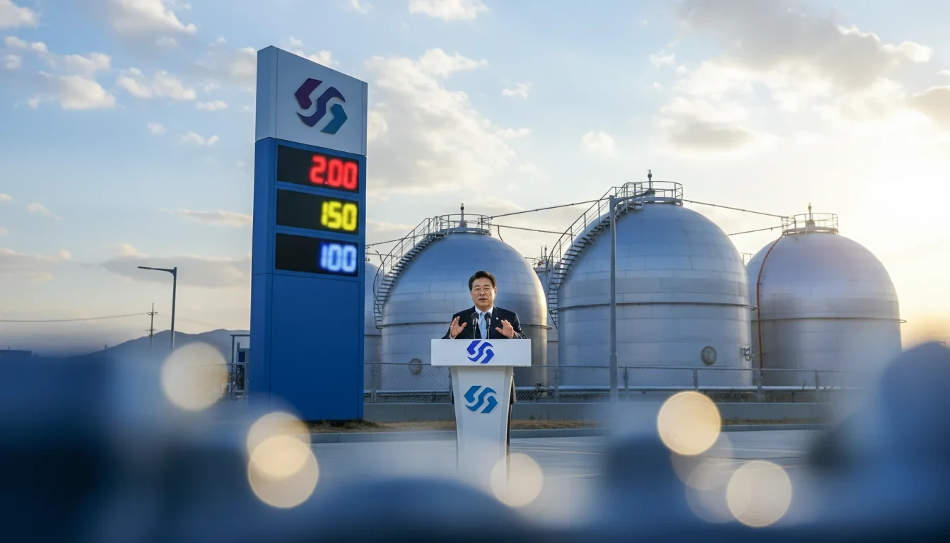 주유소 유가 전광판 앞에서 정부 관계자가 석유 최고가격제 시행을 발표하는 장면