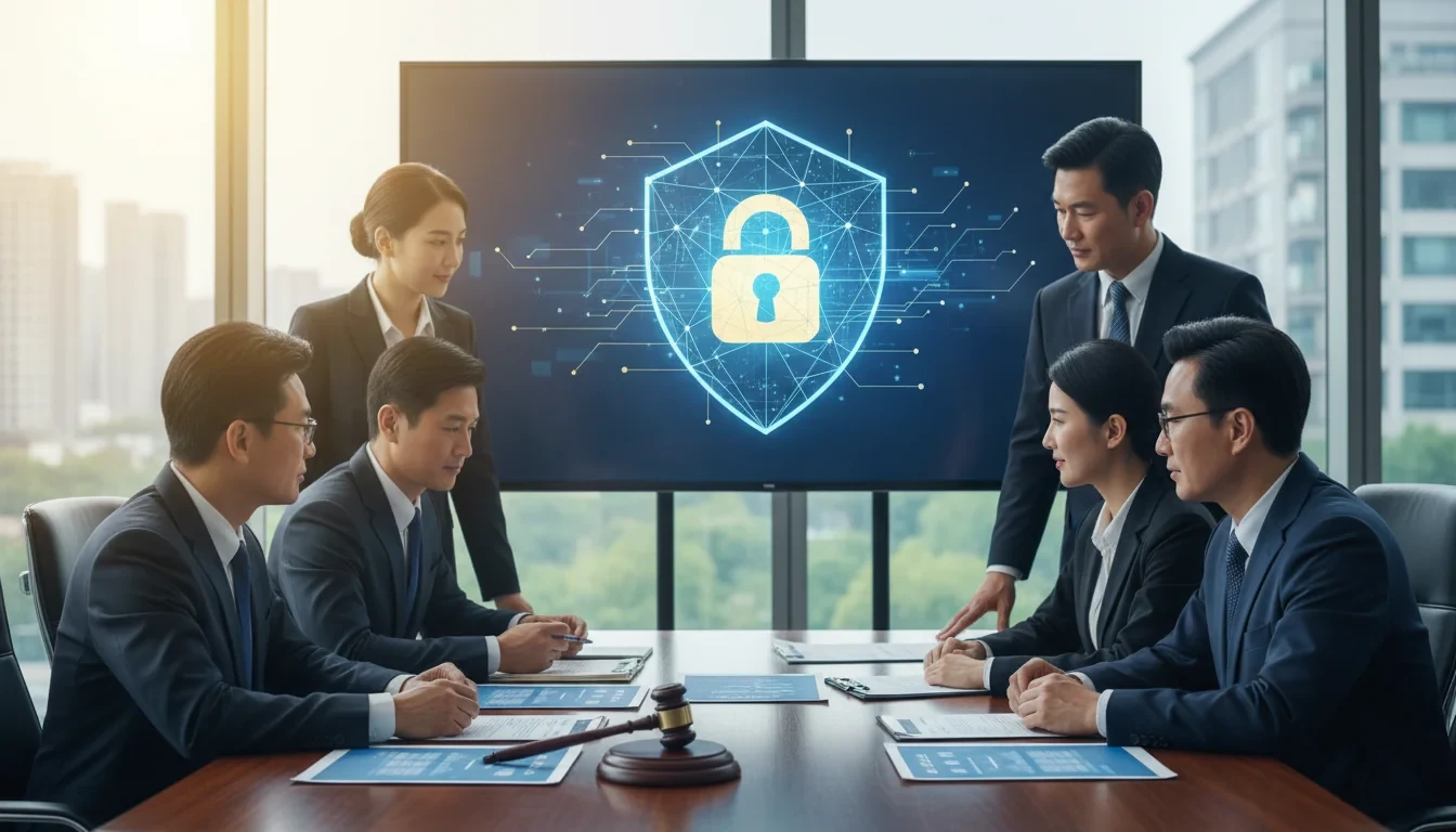 개인정보 보호책임자가 이사회에서 개인정보 보호 현황을 보고하는 회의 장면