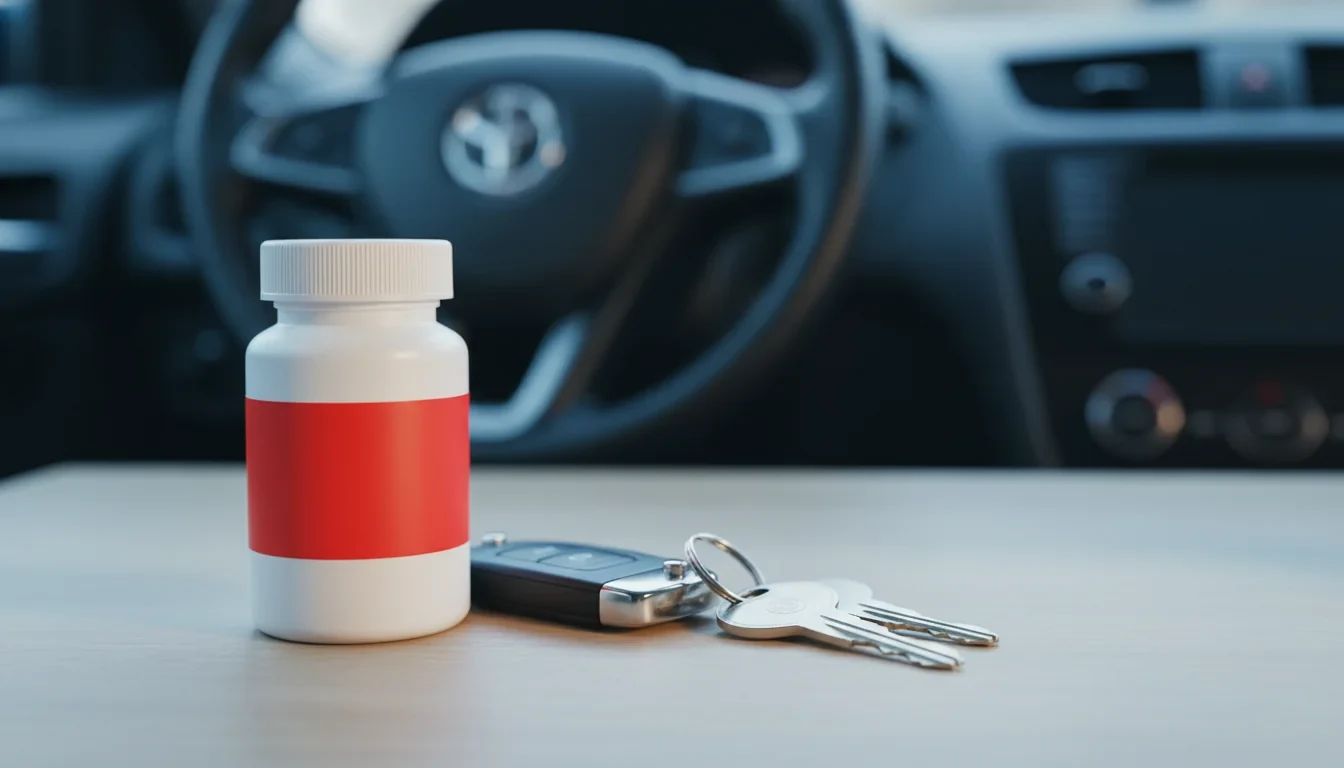 마약류 성분 함유 처방 의약품 포장에 표시된 경고 문구와 자동차 키가 함께 놓인 모습