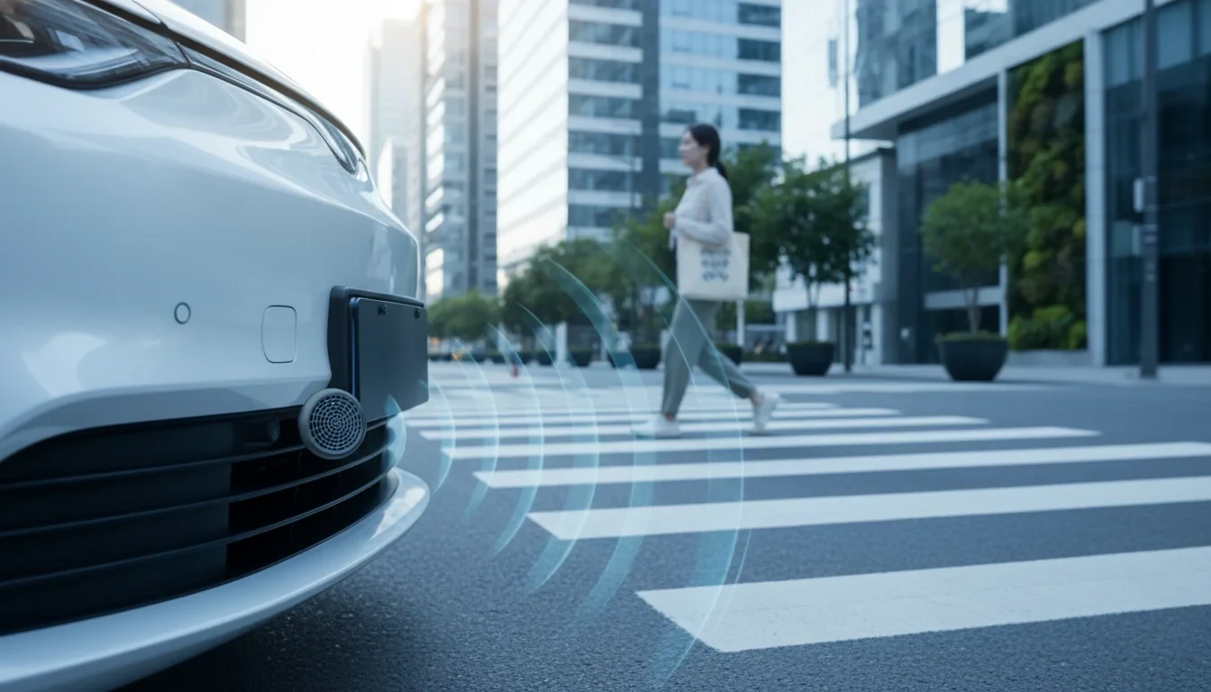 전기차 전면에 장착된 가상 엔진음 장치(AVAS) 스피커가 보행자에게 접근 경고음을 발생시키는 모습