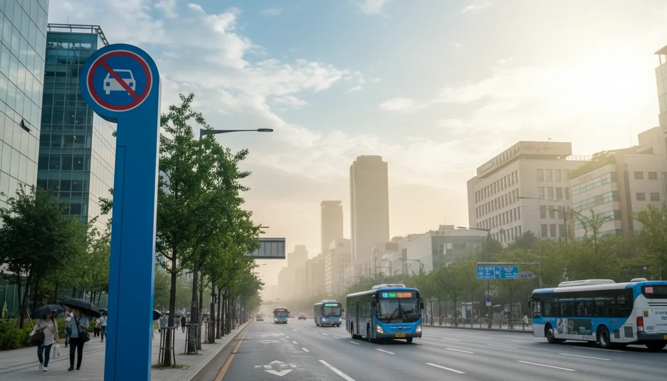 미세먼지가 자욱한 도심 도로에서 배출가스 5등급 차량 운행 제한 안내 표지판이 세워진 모습