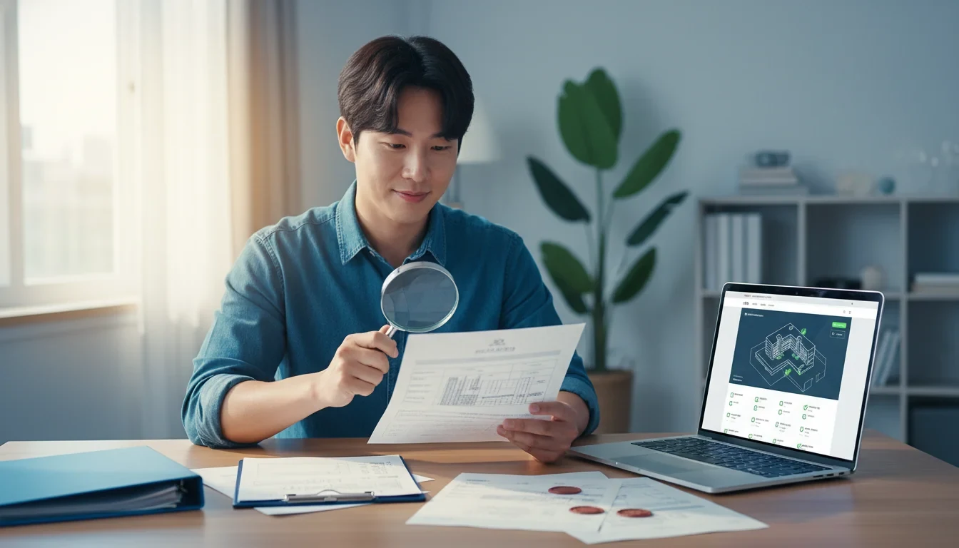 전세 계약서와 등기부등본 서류 위에 체크리스트를 점검하는 임차인의 손