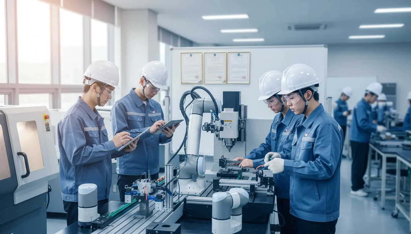 직업계고 학생들이 자동화설비 실습실에서 과정평가형 자격 교육을 받으며 장비를 조작하는 모습