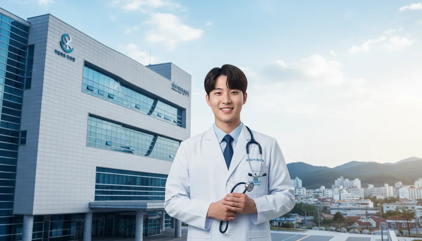 지역 의과대학 캠퍼스에서 백가운을 입은 의대생이 청진기를 들고 있는 모습과 배경의 지역 병원 건물