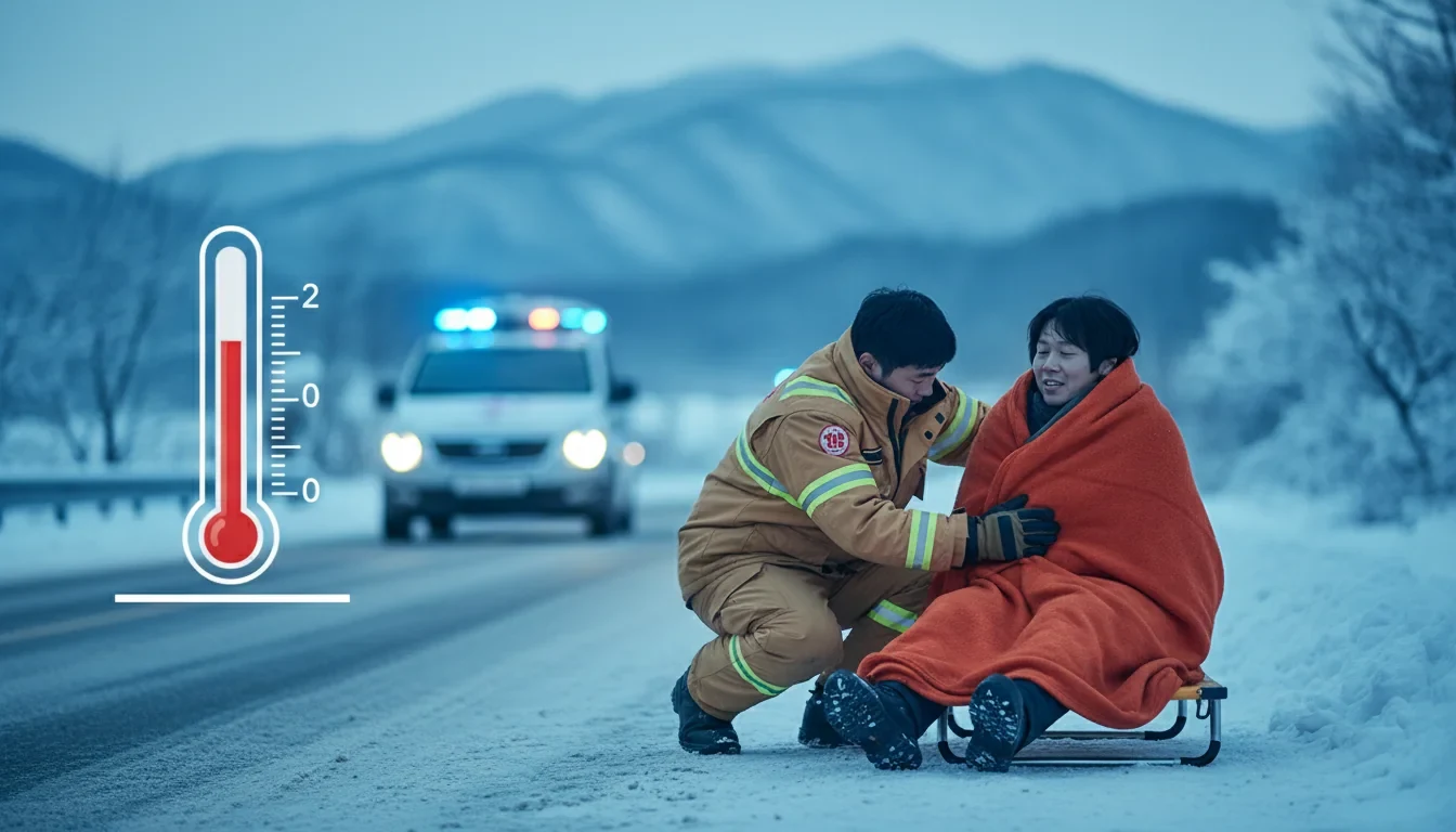겨울철 야외에서 저체온증 환자를 담요로 감싸 응급처치하는 장면