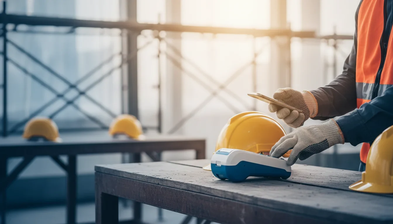 건설현장에서 근로자가 스마트폰을 이동형 전자카드 단말기에 태그하여 출퇴근을 기록하는 모습