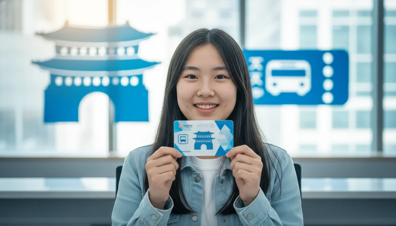 청소년이 행정복지센터에서 청소년증 카드를 발급받아 교통카드로 지하철을 이용하는 모습