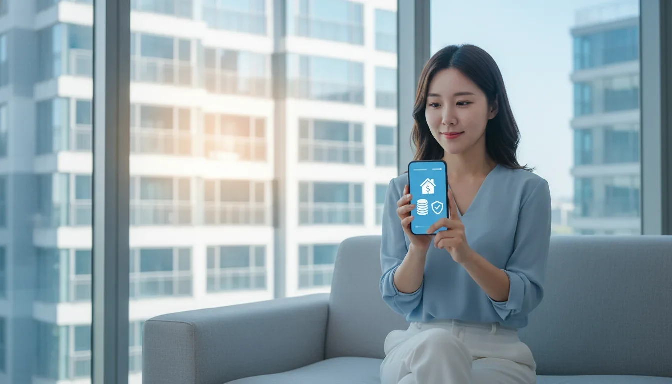 임차인이 스마트폰 안심전세 앱으로 전세 주택의 선순위 보증금과 권리 정보를 확인하는 모습