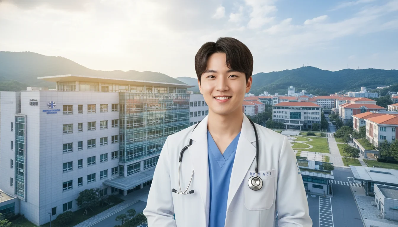 지역 소재 의과대학 캠퍼스에서 청진기를 들고 있는 의대생이 지역 병원 건물을 바라보는 모습