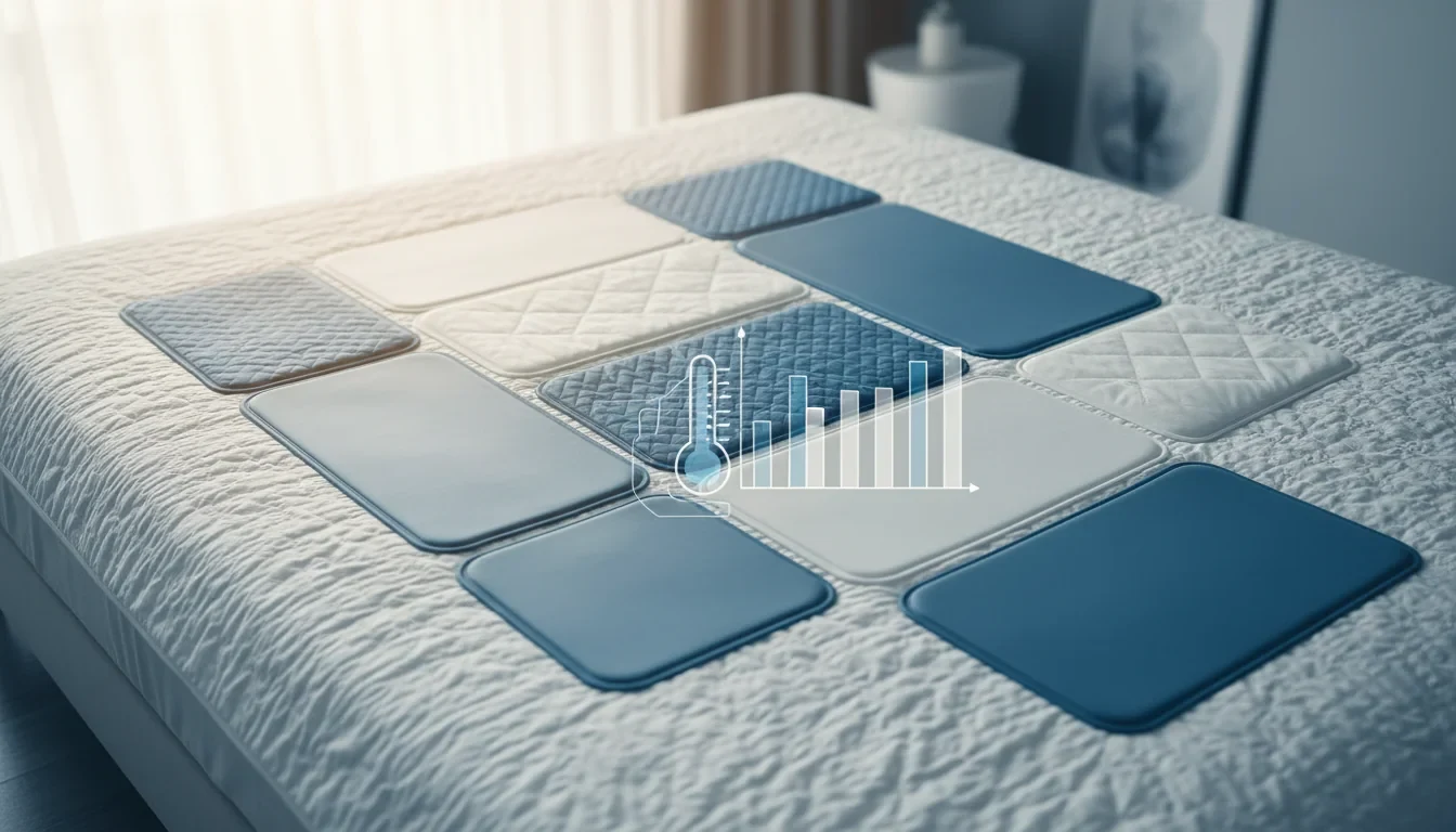 냉감패드 11개 브랜드 제품이 나란히 놓인 비교 시험 결과표와 접촉냉감 측정 장비