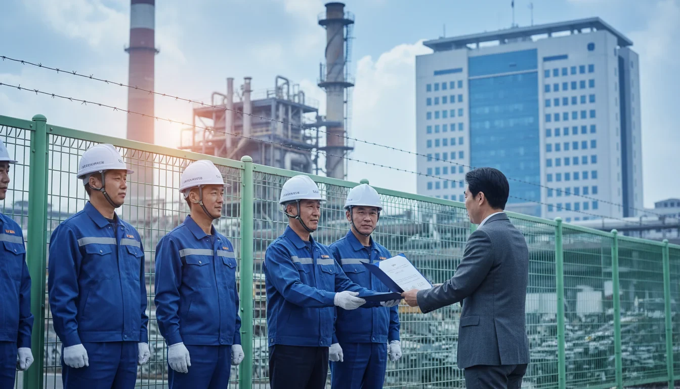 하청 노조 대표들이 원청 사업장 앞에서 단체교섭 요구서를 제출하는 장면