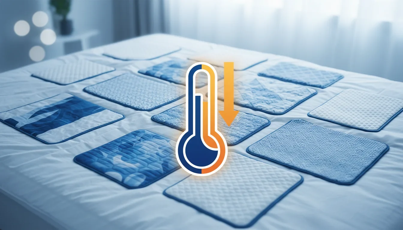 냉감패드 11개 제품이 나란히 놓여 있고 접촉냉감 성능 비교 시험 결과표가 함께 표시된 모습