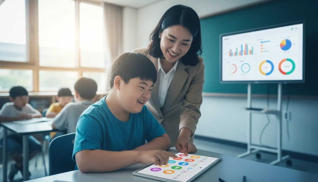 발달장애 학생이 태블릿으로 AI 맞춤형 학습 앱을 사용하며 그림 아이콘을 선택하는 교실 장면