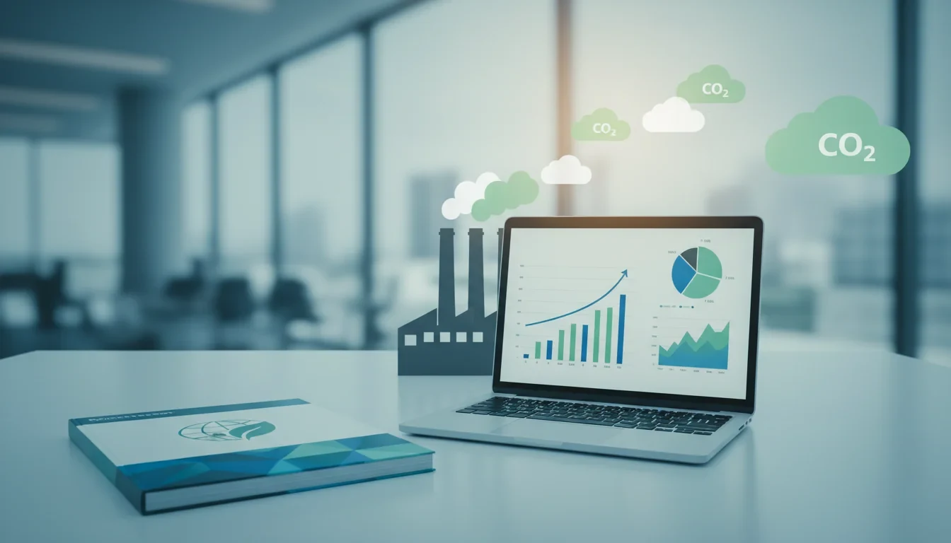 기업 담당자가 GHG 프로토콜 기반 온실가스 배출량 산정 사례집을 펼쳐 Scope 1과 Scope 2 조직경계 설정 절차를 검토하는 모습