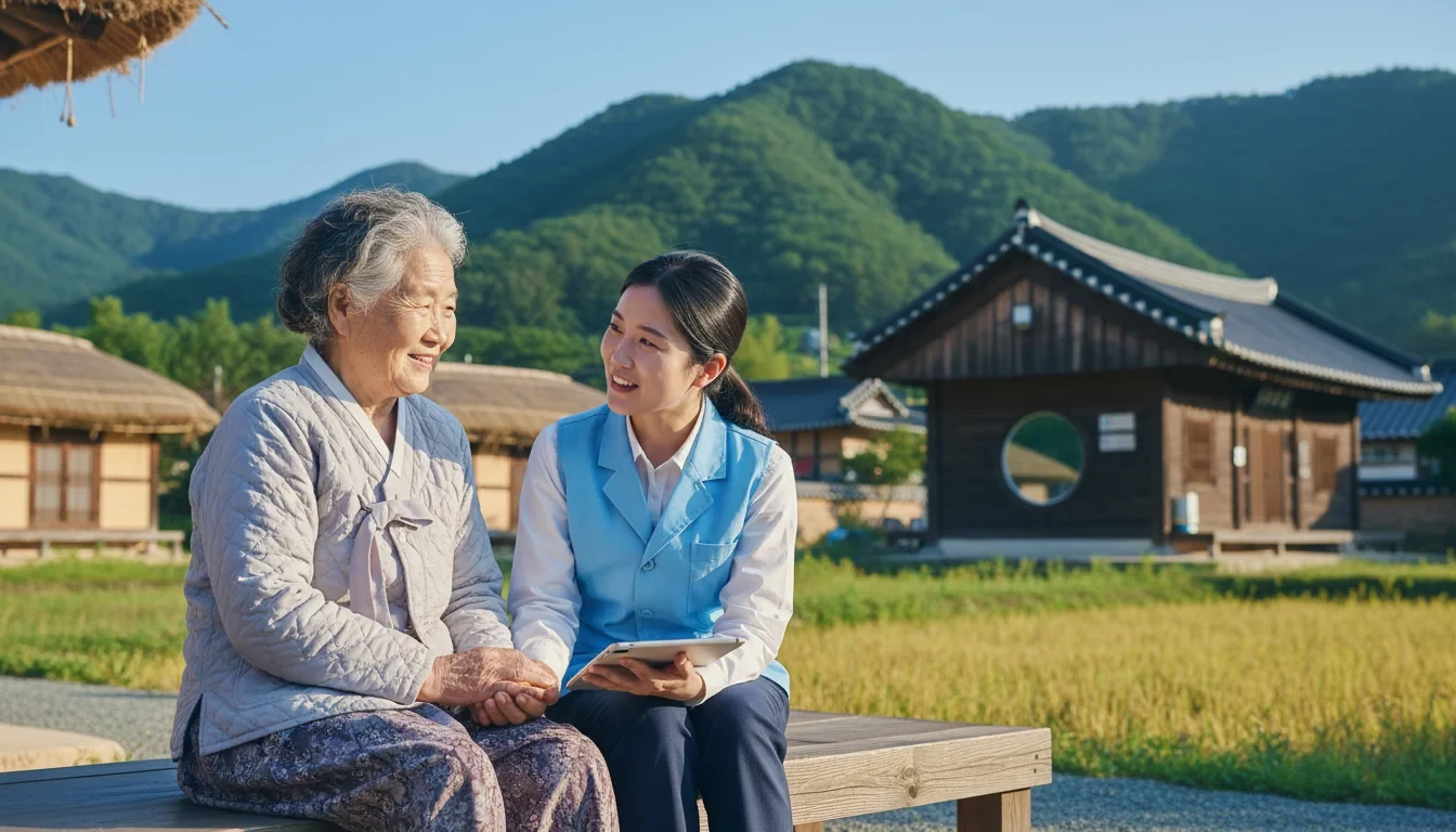 농어촌 마을에서 돌봄 서비스를 받는 어르신과 복지사가 함께하는 모습
