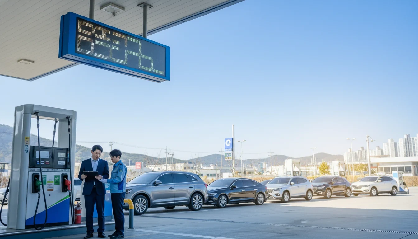 알뜰주유소 유가 표시판 앞에서 산업통상자원부 관계자가 가격 점검을 실시하는 모습