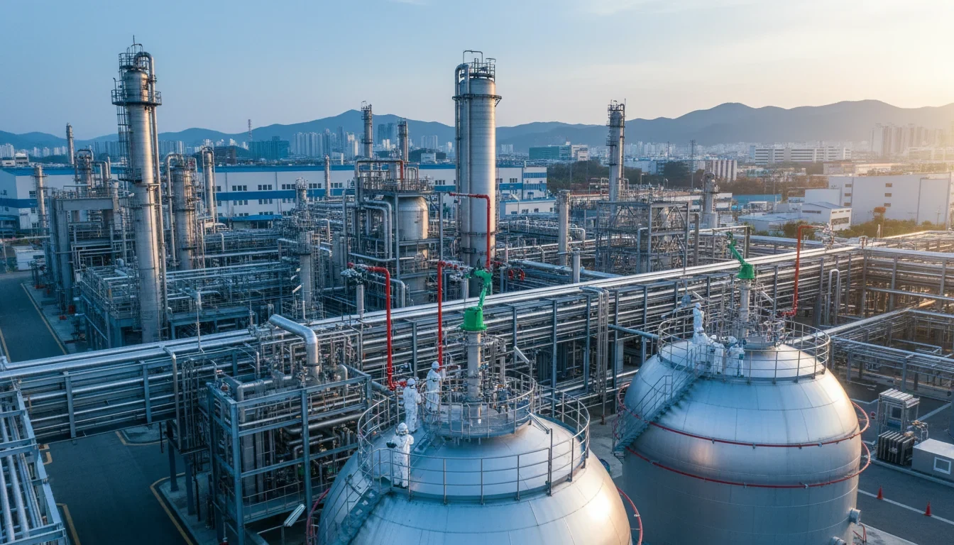 화학 공장 공정안전관리 시스템이 설치된 제조 현장에서 안전 점검을 수행하는 작업자들의 모습