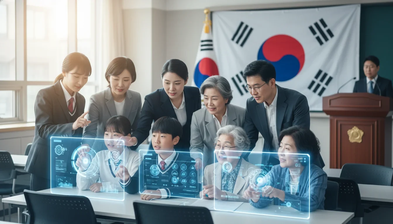 과학기술관계장관회의에서 전국민 AI 활용역량 강화 방안을 논의하는 정부 관계자들과 AI 교육을 받는 다양한 연령대의 국민들