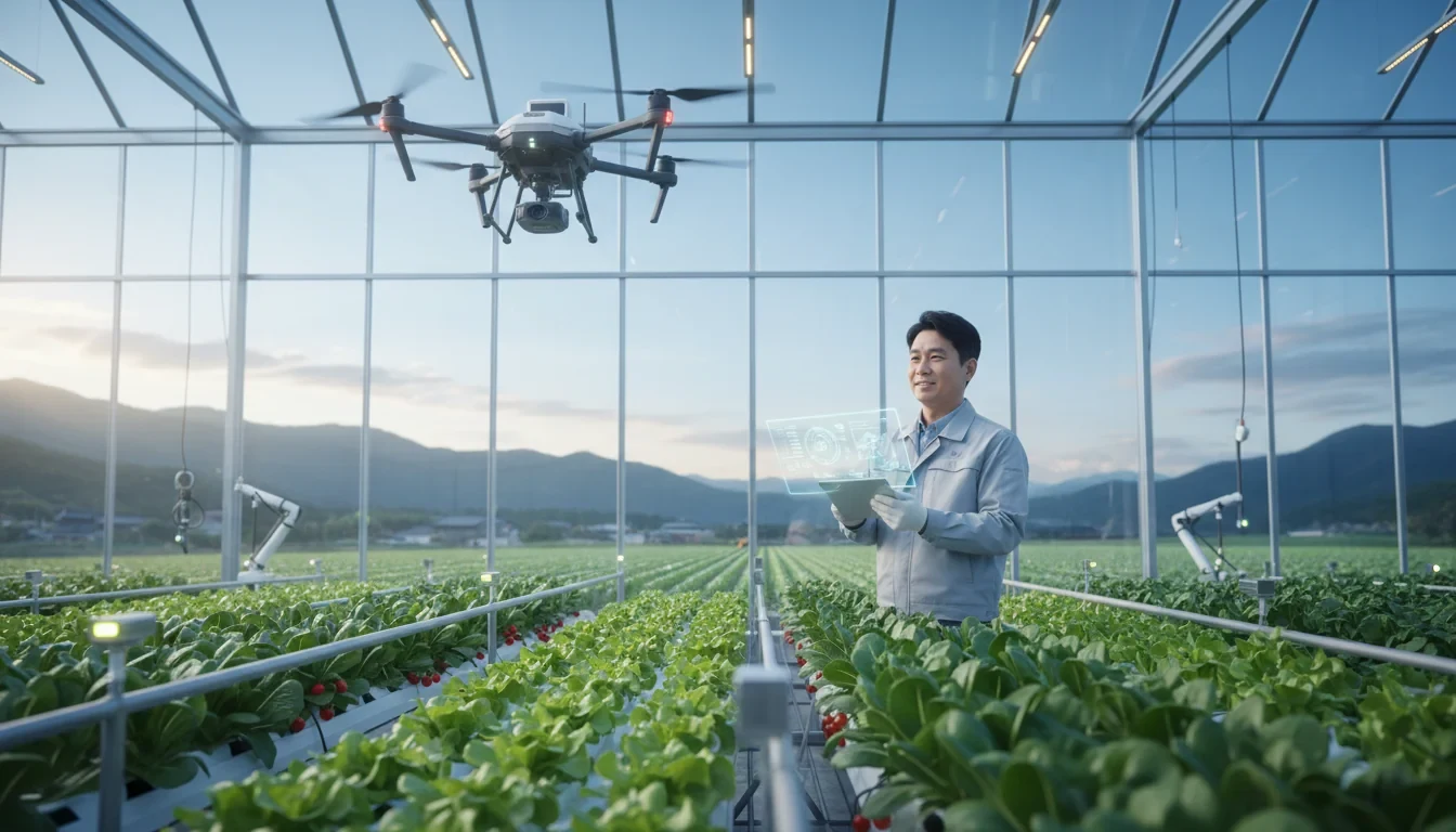 드론과 자율주행 농기계가 운영되는 스마트팜 온실에서 태블릿으로 AI 데이터를 확인하는 농업인
