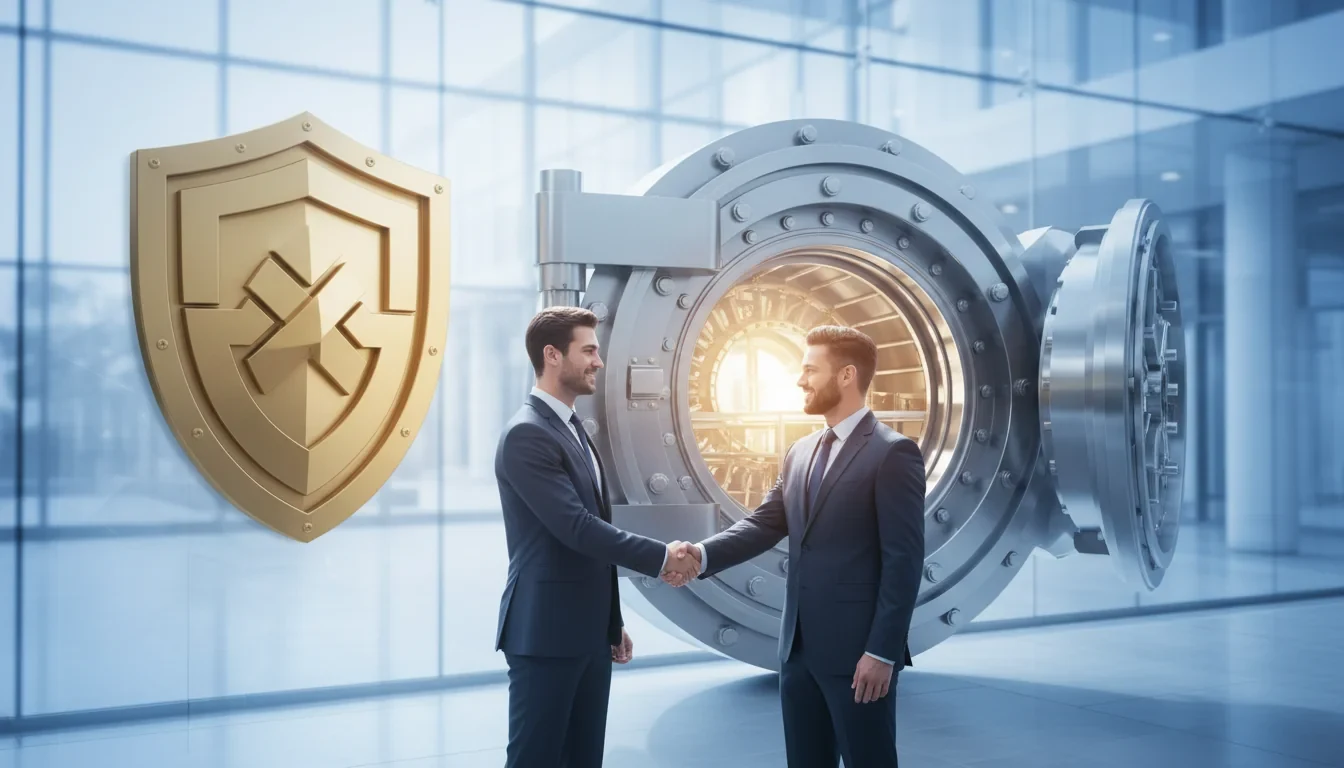 독립 수탁법인 건물 앞에서 노사 대표가 퇴직연금 기금형 전환 협약서에 서명하는 장면