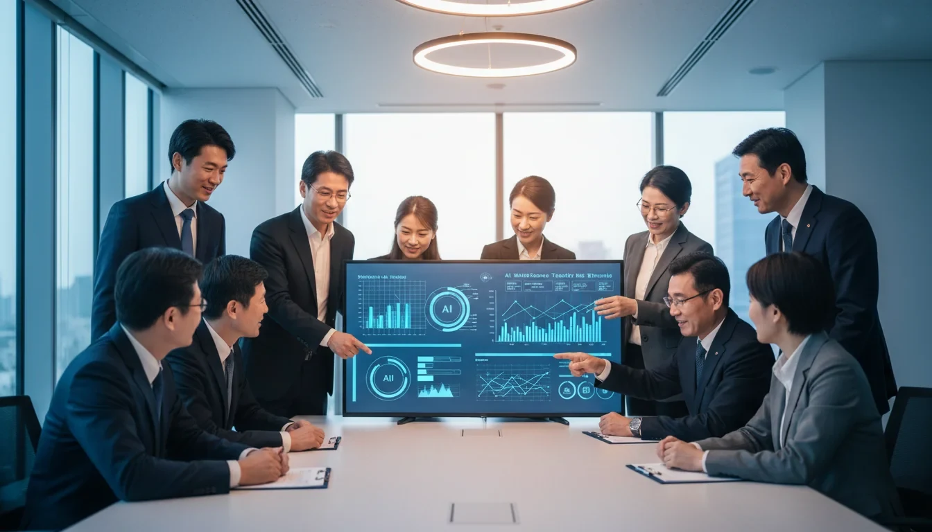 노사정 대표들이 함께 모여 AI 산업전환 시대의 고용안정 기본계획을 논의하는 회의 장면