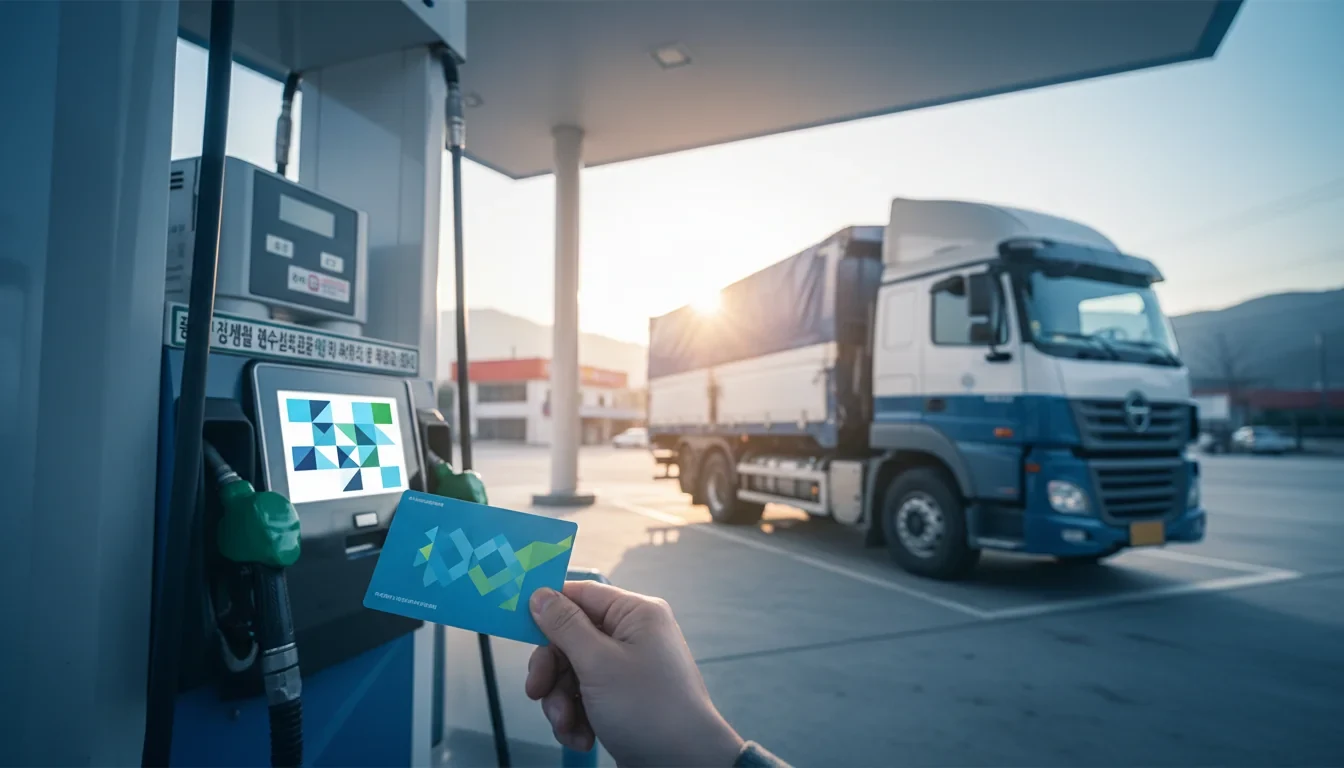 화물트럭이 주유소에서 경유를 주유하며 유가연동보조금 카드로 결제하는 장면