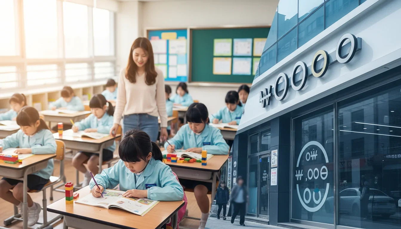 초등학교 교실에서 방과후학교 수업을 받는 학생들과 학원비 비교표가 함께 보이는 교육비 안내 장면