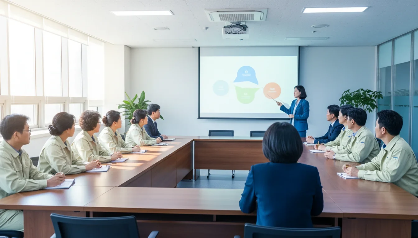 사회복지시설에서 종사자들이 인권 교육을 받고 있는 강의실 장면
