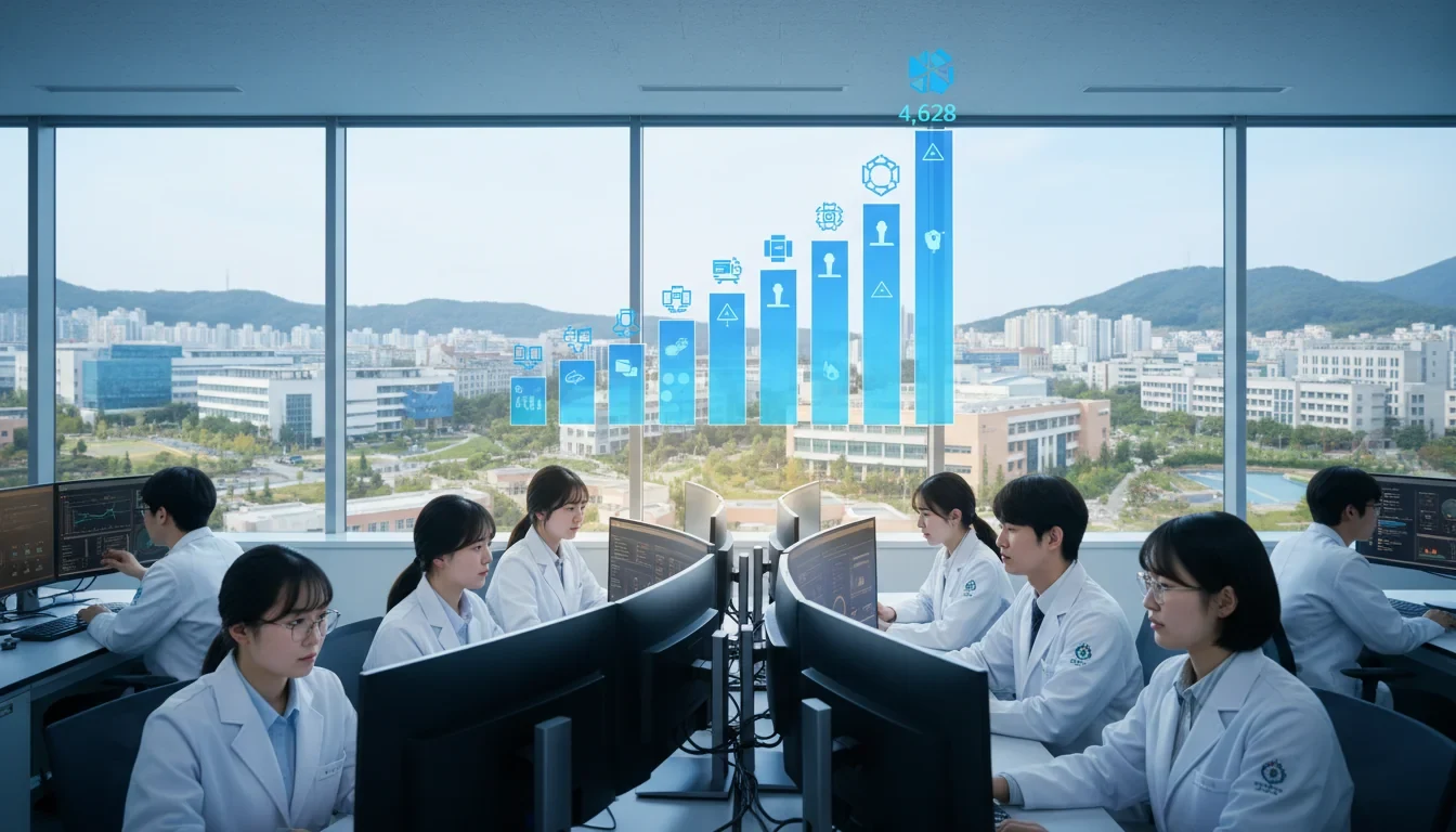 한국연구재단 개인기초연구 과제 선정 결과를 보여주는 통계 그래프와 연구실에서 실험하는 청년 연구자들의 모습