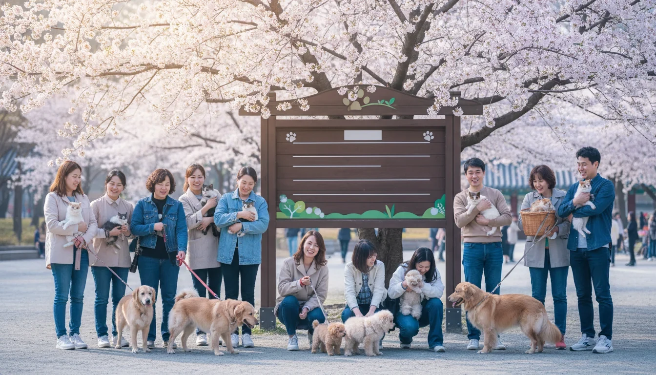 봄날 공원에서 반려견과 산책하는 시민이 동물복지 정책참여단 모집 안내문을 살펴보는 모습
